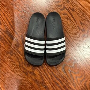 Adidas Kids Black Slides with White Stripes